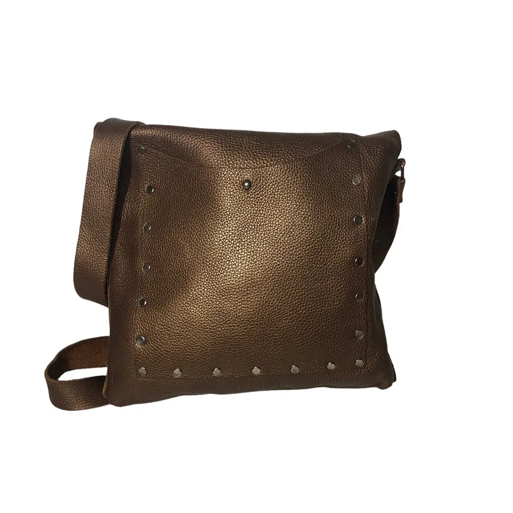Gold Pebble Leather Purse Womens Grommet Open Flap Crossbody Vintage Y2K‎